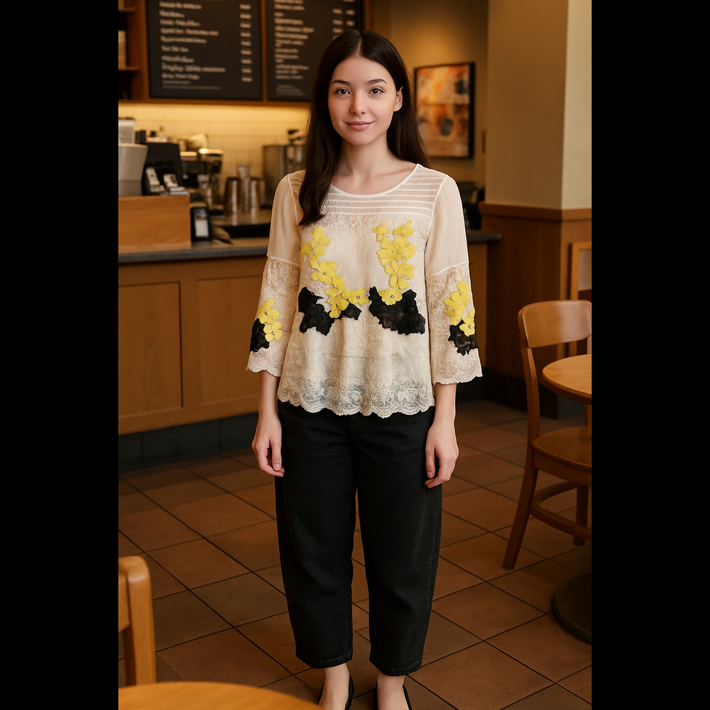 Cream, Yellow & Black Embroidery & Lace Lined, Semi Sheer Top M